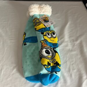 Minions Sherpa Lined Socks One Size Blue Non Slip Cozy Warm New